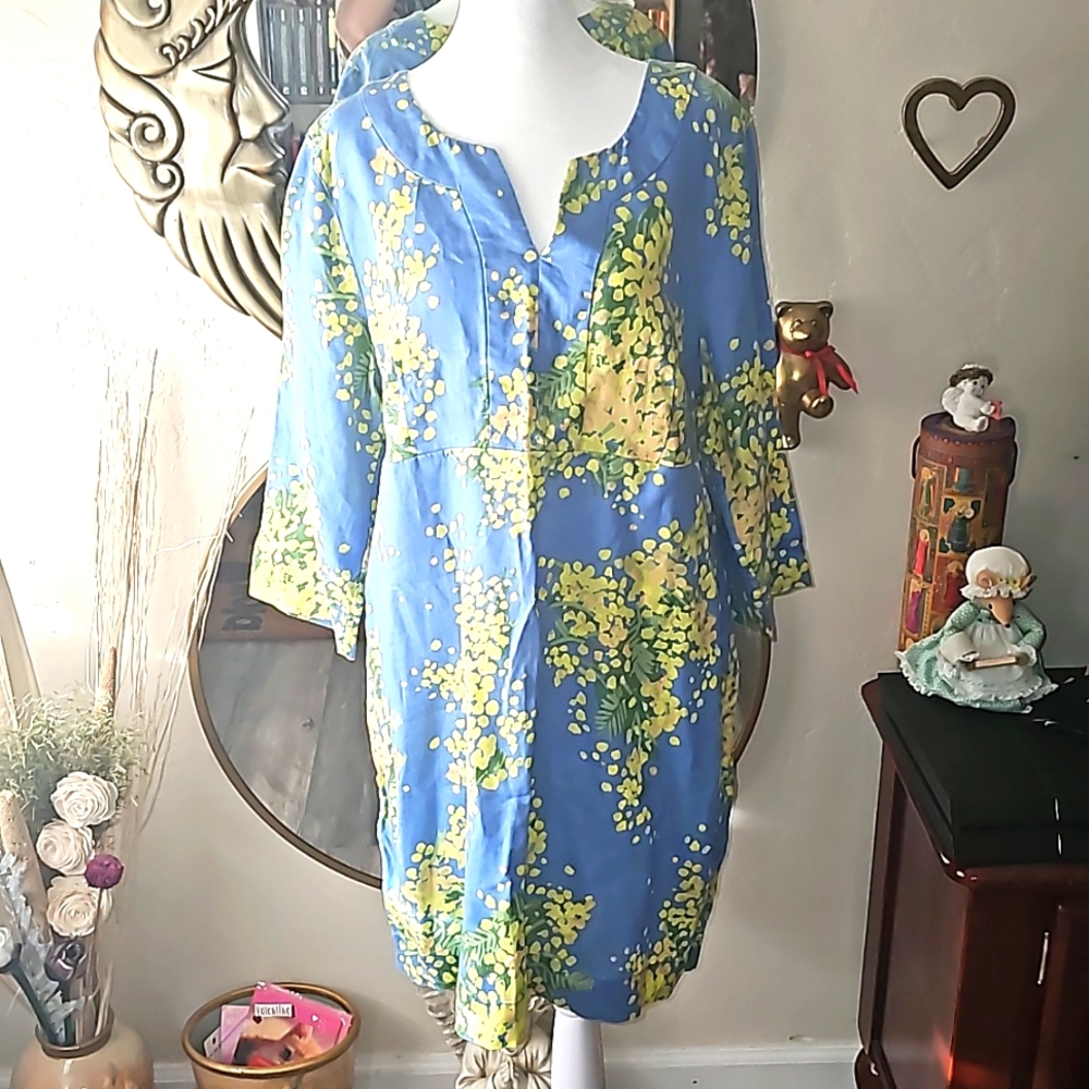 Boden Linen Shift Dress Floral Blue Yellow & Green I6 - Gem